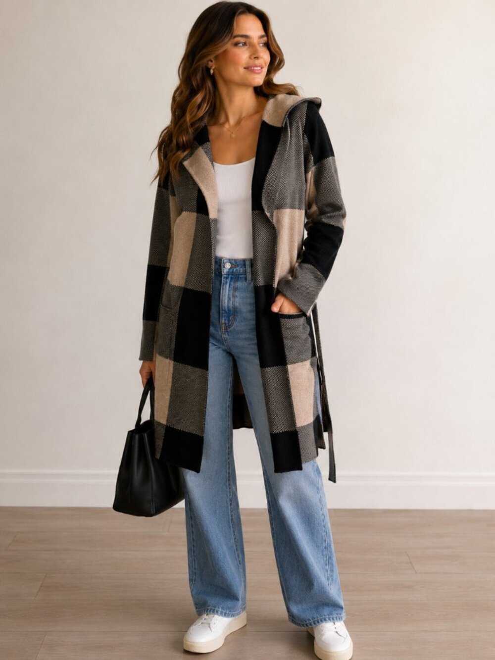 Rachel Zoe Women’s M Black Beige Plaid Hooded Long Cardigan Jacket Tie Waist
